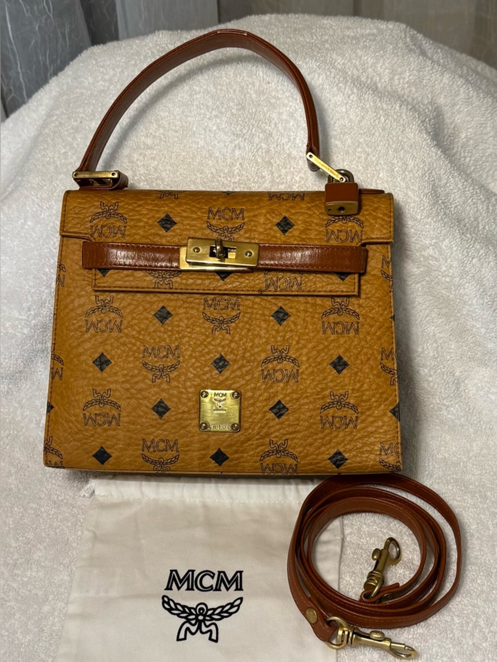 MCM Cognac Kelly Visetos Monogram Top-Handle Small Satchel